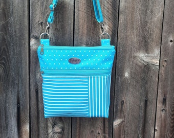 Turquoise Stripes and Polka Dots Bags, Turquoise Crossbody Bags, Tote Bag, Wristlets, Faux Leather Bag, Summer Cross body Purse