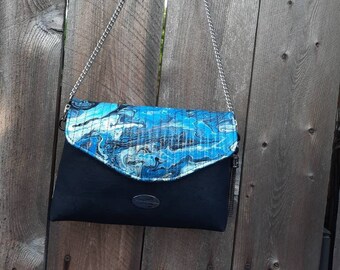 Black and Blue Shoulder Bag, Original Artwork and Cork Fabric Bag, Black Cork Handbag, Quilted Handbag, Small Handbag, Evening Handbag, OOAK