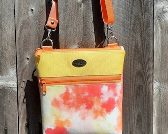 Sunshine Summer Cross body Bag, Yellow and Orange Faux Leather Crossbody Purse, Handcrafted Bag, Two Zippered Pockets