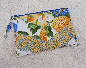 Yellow and White Quilted Zippered Pouch, Yellow Chevron Pouch, Quilted Makeup Bag, Cosmetic Pouch, Yellow Floral Bag, Pretty Makeup Bag