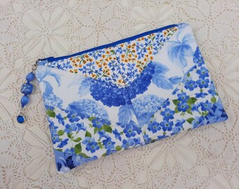 Pretty Quilted Zippered Pouch, Blue Chevron Pouch, Quilted Makeup Bag, Cosmetic Pouch. Quilted Bag, Yellow Floral Pouch, Pretty Makeup Bag