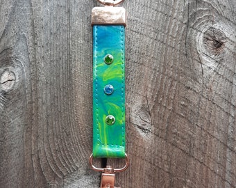 Fluid Art Key Fob, Multicolored Key Fob, Rhinestone Rivets Key Ring, Paint Pour Canvas Key Ring, Handmade, Rose Gold Hardware,