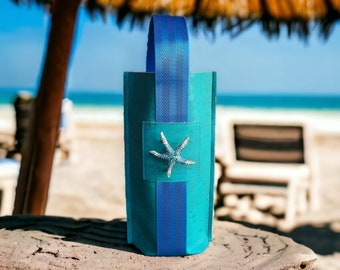 Turquoise Cork Wine Tote Bag, Beach Starfish Hostess Gift