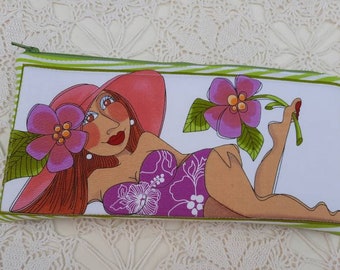 Bathing Suit Beauty Zippered Pouch, Lined Pouch, Green Tropical Pouch, Quilted Pouch, Waterproof Lining Pouch, Handmade