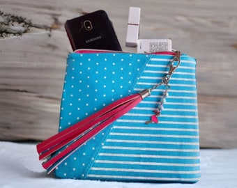 Turquoise Polka Dot and Striped Pouch. Turquoise and Pink Zippered Pouch
