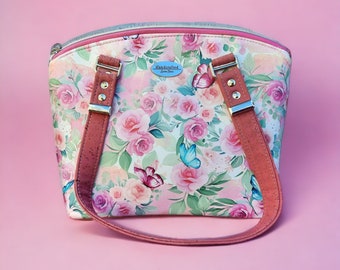 Pink Floral Handbag, Faux Leather Purse, Butterfly Handbag, Spring Handbag, Handmade Purse,