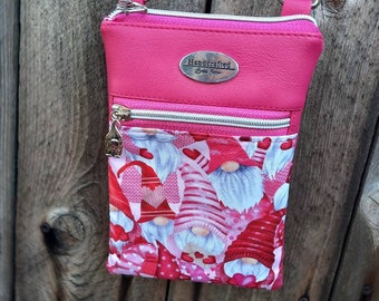 Valentine's Day Cross body Purse, Pink Gnome Cross Body Bag,  Bag, Faux Leather Bag, Handmade, Galentine's Day