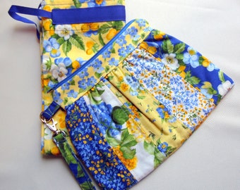 Quilted Cosmetic Bag and Travel Laundry Bag Set, Quilted Zippered Pouch, Blue and Yellow Floral Makeup Bag and Matching Laundry Bag, Quilted