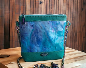 Teal and Lavender  Bag, Fluid Art Bag, Paint Pour Crossbody Bag, Original Canvas Crossbody Bag, Crossbody