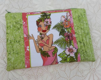 Quilted Zippered Pouch, Tropical Lined Pouch, Green Tropical Pouch, Quilted Pouch, Waterproof Lining Pouch, Handmade