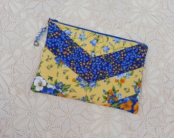 Quilted Zippered Pouch, Blue Yellow Chevron Pouch, Quilted Makeup Bag, Cosmetic Pouch. Quilted Bag, Yellow Floral Pouch, Pretty Makeup Bag