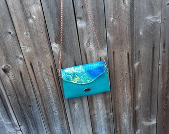Green and Blue Handbag, Fluid Art Cork Handbag, Original Artwork Clutch, Paint Pour Canvas Bag, Summer Clutch, OOAK Bag