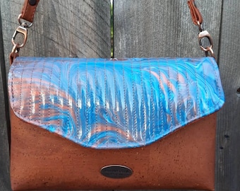 Copper Blues Clutch, Paint Pour Cork Clutch Handbag, Original Artwork Clutch, Copper Cork and Paint Pour Canvas Bag, Summer Clutch, OOAK Bag