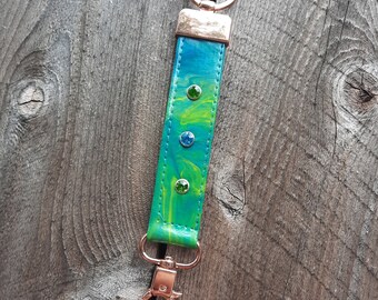 Fluid Art Rhinetsone Key Fob, Multicolored Key Fob, Rhinestone Rivets Key Ring, Paint Pour Canvas Key Ring, Handmade, Rose Gold Hardware