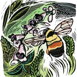 May include: A colorful woodcut print of a bee hovering near pink and purple flowers. The bee has black and yellow stripes, with translucent wings. The background features green foliage and a light green wash, creating a vibrant and detailed nature scene.