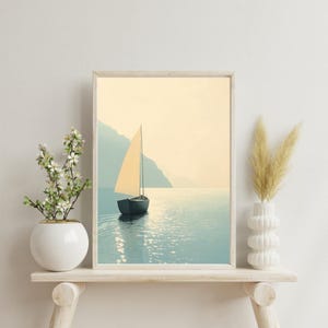 Segelboot Wand Kunst Printable | Calm Ocean digitaler Download | Minimalistisches nautisches Poster | Serene Küstendekor für Haus oder Büro