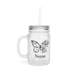 Butterfly glass with name, flower drinking cup personalized, glass with floral engraving, boho drinking glass with name, personalized jar glass