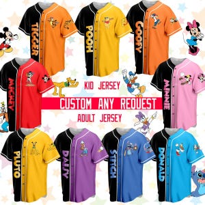 Personalize Disney Mickey & Friends White Baseball Jersey, Custom Disneyland Jersey, Baseball Team, Stitch Birthday Jersey