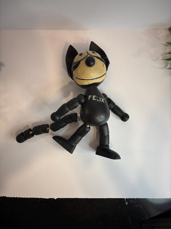 Rare Antique 1920s Wooden Felix the Cat Toy, Movable Arms & Legs