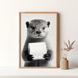 Otter Hält Klopapierrolle Lustiges Tier Badezimmer Poster Schwarz Weiß Kunst Vintage Poster Retro Druck Wand Kunst Leinwand Druck Ungerahmt