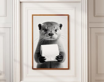 Otter Holding Toilet Paper Roll Funny Animal Bathroom Poster Black And White Art Vintage Poster Retro Print Wall Art Canvas Print Unframed