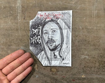 Portrait d'art de la prison Ol' Dirty Bastard sur feuille d'économat, dessin miniature au stylo et marqueur Ason Jones, croquis Pop Art, petit petit mini, cadeau