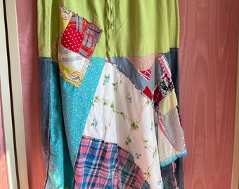 upcycled crazy quilt patchwork asymmetric skirt long layers bright linen fits L to XL