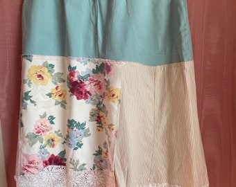 upcycled aqua floral roses Peter Pan skirt tablecloth vintage lace new old stock fabrics fits up to XL