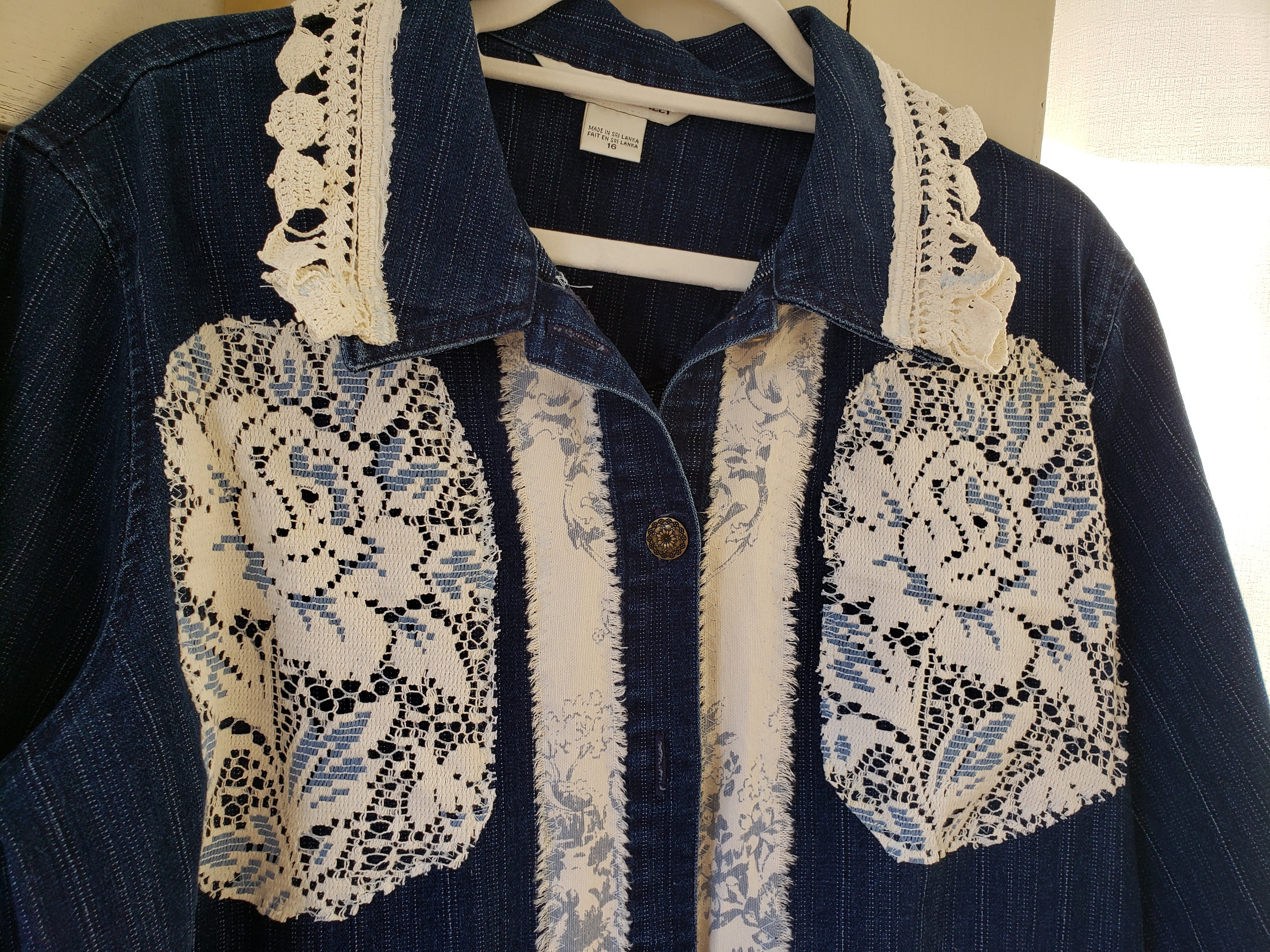Upcycled Denim Jacket Frayed Toile Blue Roses and Ecru Lace | Etsy