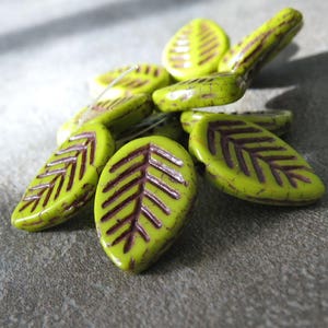 Olive Picasso Czech Glass Bead 16x12mm Leaf Beads : 6 Green Leaf Beads