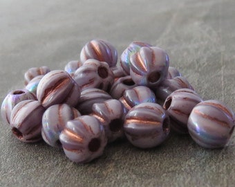 NEW Opaque Thistle Large Hole 6mm AB Copper Wash Czech Glass Bead Melon Round : 25 pc Fluted Purple 6mm Bead