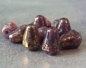 Amethyst Opal Gold Czech Glass Faceted 8x6mm Teardrop Bead : 10 pc Czech Purple Bottom Cut Teardrop Beads
