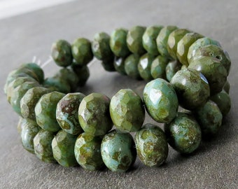 Sea Green Picasso Czech Glass Bead Faceted 8x6mm Rondelle : 12 pc Artichoke Green Picasso Rondelle
