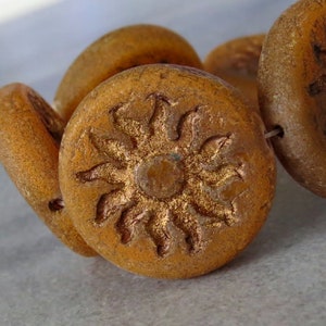 22mm Sun Coin Czech Coin Bead Etched Pumpkin Bronze : LAST 1 pc Large Focal Bead