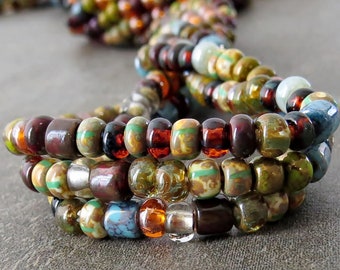 Fuji Rustic Picasso 6/0 Czech Glass Seed Tube Striped Bead Mix : 10 inch Strand