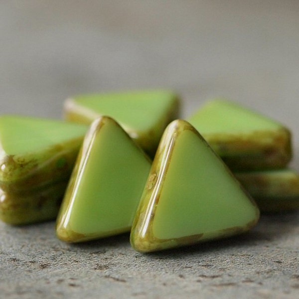Green Picasso Czech Glass Bead 12mm Triangle :  LAST 8 pc Green Czech Triangle
