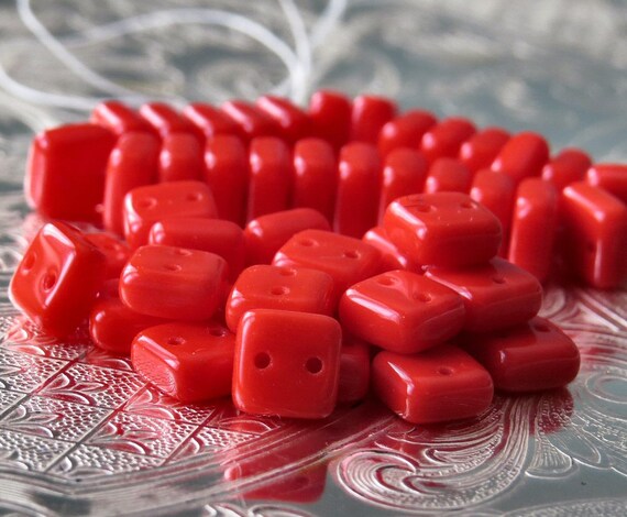 Opaque Coral Chexx Czech Glass Bead 6mm Two Hole Tile 25 Pc