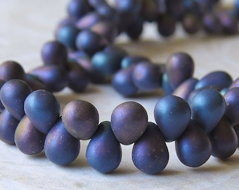 Matte Blue Iris Czech Glass Bead 4x6mm Tear Drop : 50 pc Blue Teardrop Bead