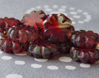 Transparent Ruby Czech Glass Picasso 9mm Flower Beads : 12 pc Red Cactus Flower