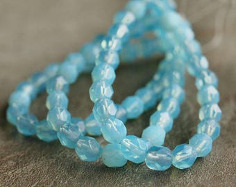 NEW 6mm Faceted Milky Aquamarine Czech Glass Round Bead : 25 pc Blue Bead