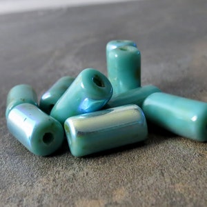 Opaque Turquoise Czech Glass 14mm Picasso AB Tube :  10 pc. Large Hole Tube Bead