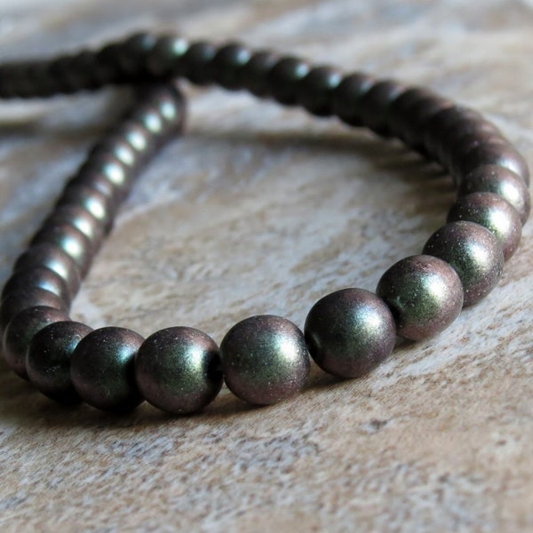 Olive Mauve Polychrome Czech Glass Bead 6mm Round Druk : 50 pc Full Strand Olive Round