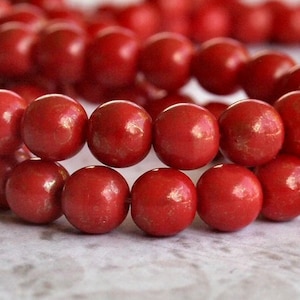 Red Gold Picasso 6mm Round Czech Glass Druk Bead : 50 pc Red Czech Glass Bead Strand