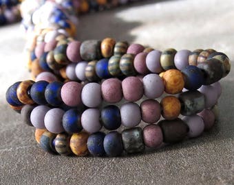 Matte Plum Blossom Czech Glass Striped Tube Picasso Seed Bead 6/0 Mix:  10 Inch Strand 6/0 Aged Picasso Mix