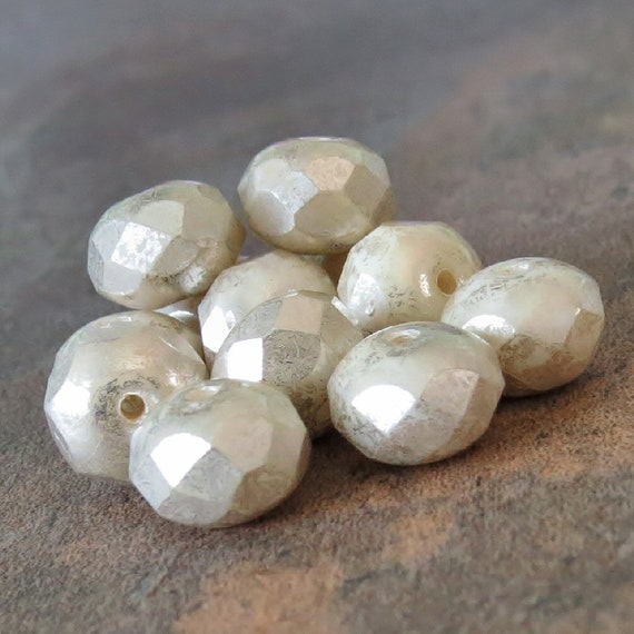 12 Ivory with Mercury Finish Czech Glass Roller Beads 6mm x 9mm