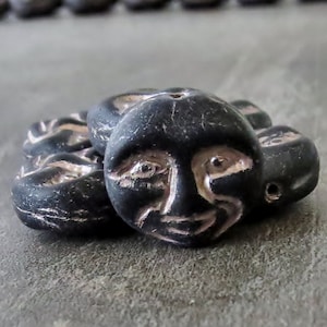Matte Jet Black Platinum Wash Moon Face Czech Glass 13mm Bead : 6 pc