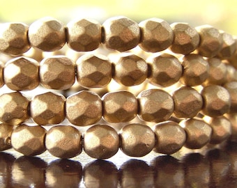 4mm Metallic Flax Matte Czech Glass Faceted Round : 50 pc 4mm Gold Bead