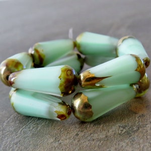 Matte Mint Transparent 20mm Faceted Czech Glass Teardrop Picasso Bronze Bead : 2 or 4 Beads Green Dangle Drop