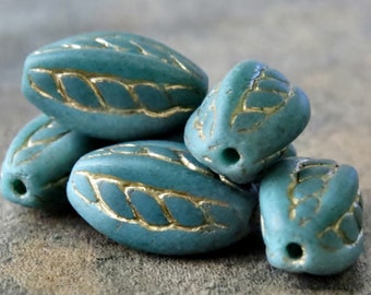 NEW Sea Green Matte Gold Czech Glass 15x9mm Oval Twist : 6 pc