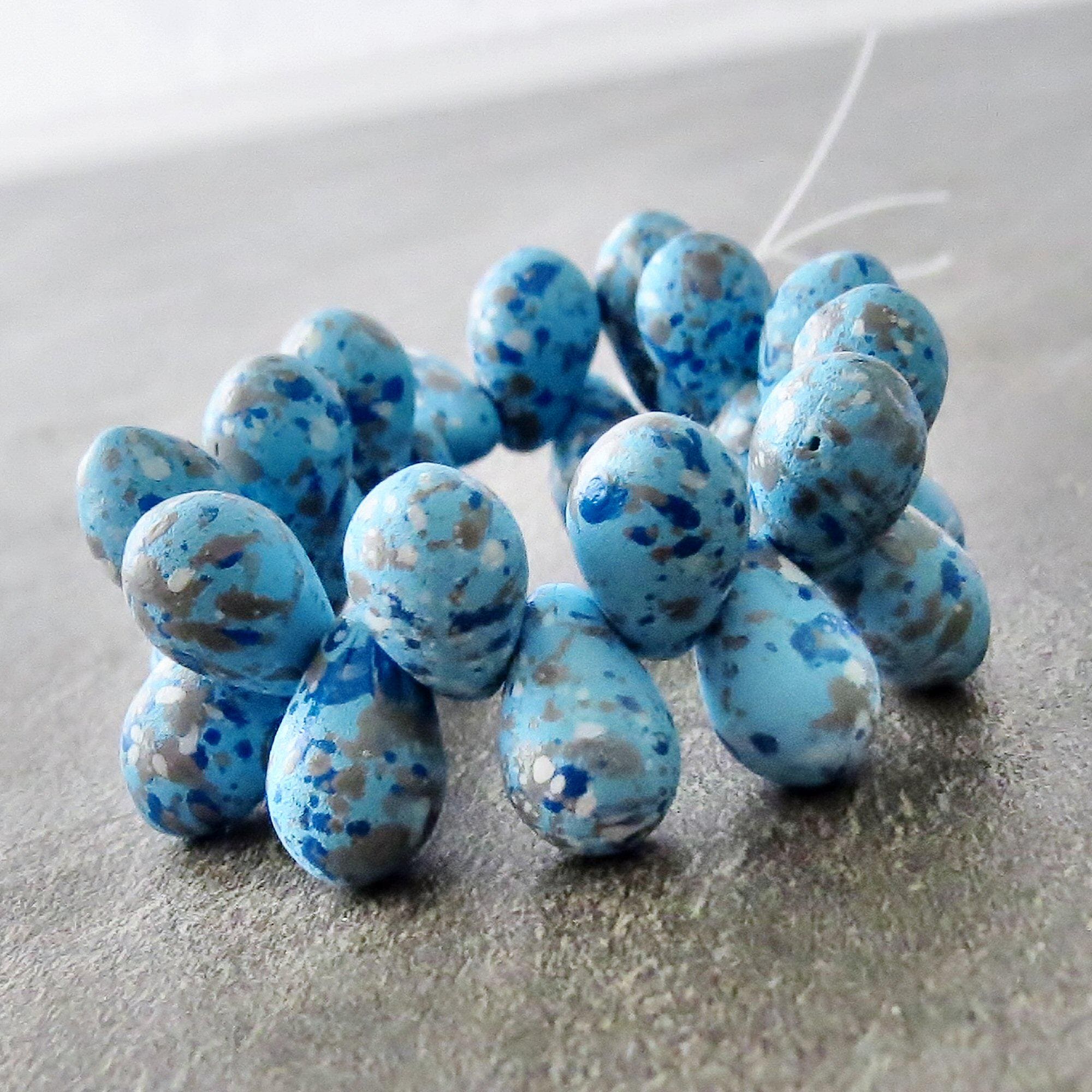 Turquoise Blue Speckled Czech Glass Bead 9x6mm Teardrop : Full